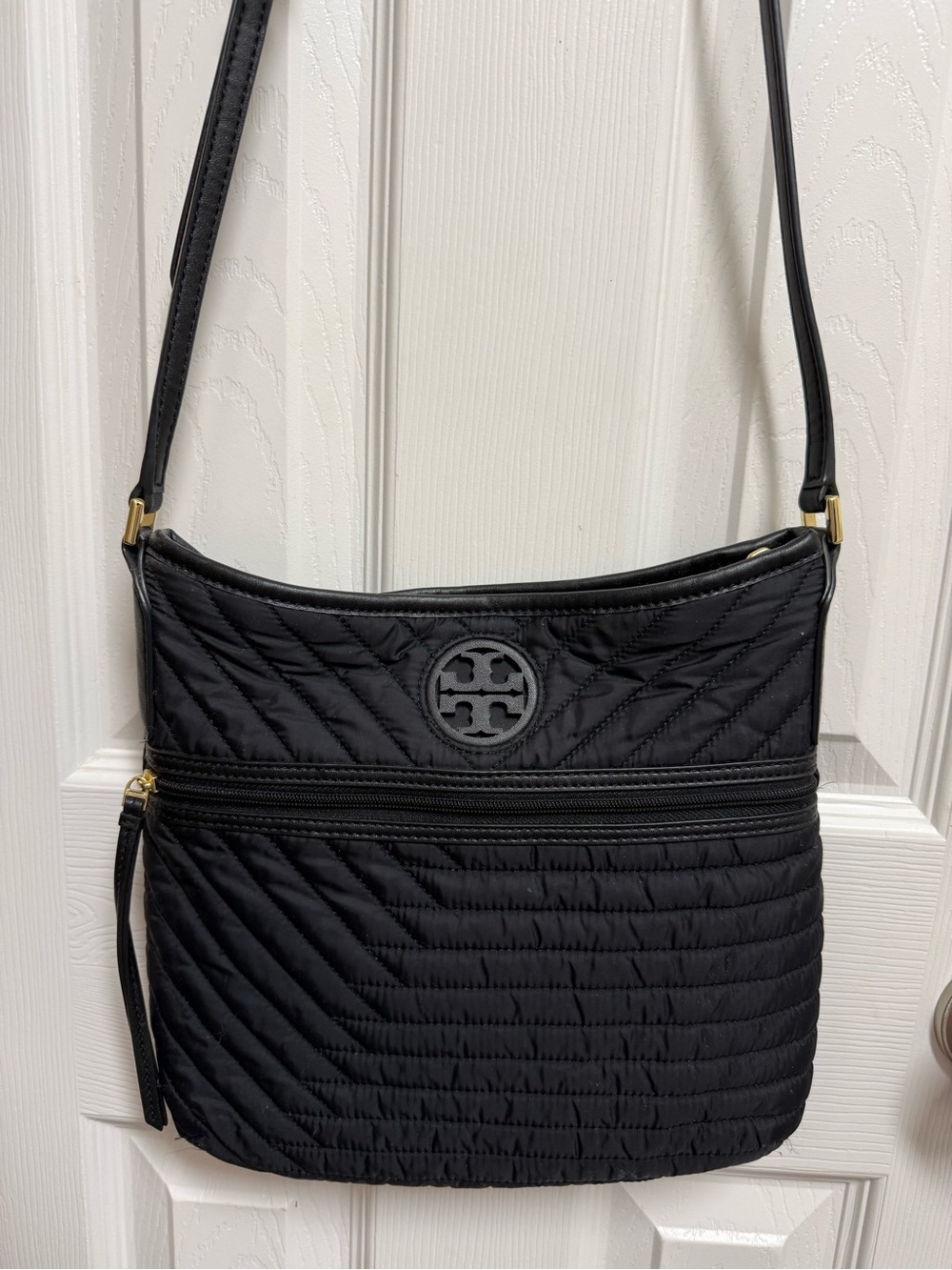 Tory Burch Black Quilted Nylon Crossbody with Gold Accents